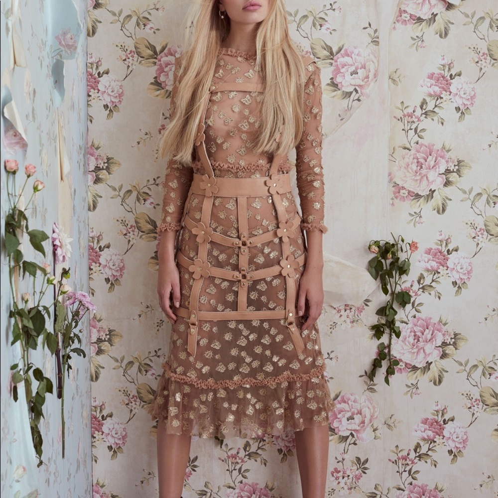 For Love and Lemons Golden Garden Tulle Midi Dress